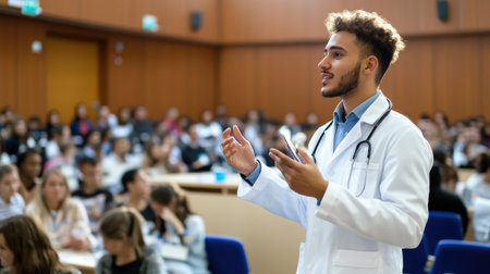 A man in a white lab coat stands in front of a crowd of people, holding a cell phone. He is giving a presentation or lecture. The audience seems engaged and attentiveの素材