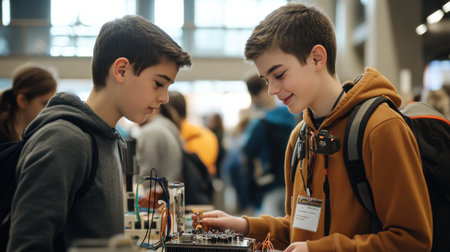 Two boys are looking at a machine. One of them is wearing a backpack. The other boy is wearing a brown jacketの素材