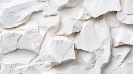 A wall made of white rocks with a white background. The rocks are scattered all over the wall, creating a textured and rugged appearanceの素材