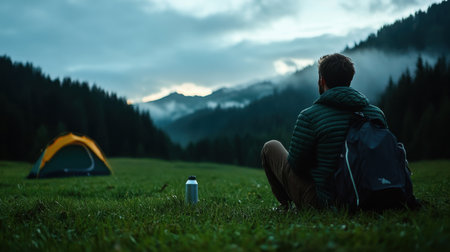 A man sits in a field with a backpack and a water bottle. The sky is cloudy and the man is looking out over the mountainsの素材