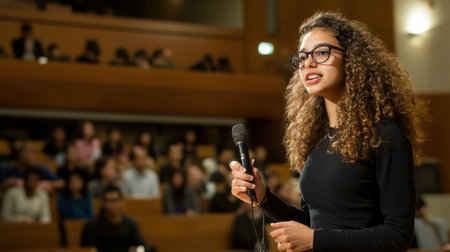 A woman with curly hair is standing in front of a microphone, speaking into it. She is wearing glasses and a black shirt. The image captures a moment of public speaking or performanceの素材