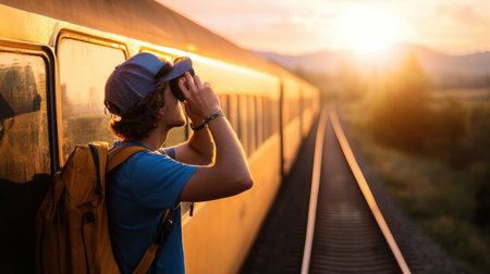 A man wearing a blue shirt and a yellow backpack is looking out the window of a train. The train is on a track and the sun is setting in the backgroundの素材