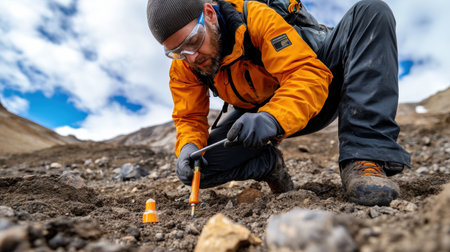 A man in a yellow jacket is digging in the dirt. He is wearing a black glove and a pair of black pantsの素材