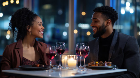 A man and woman are sitting at a table with wine glasses and candles. They are smiling and seem to be enjoying each other's companyの素材