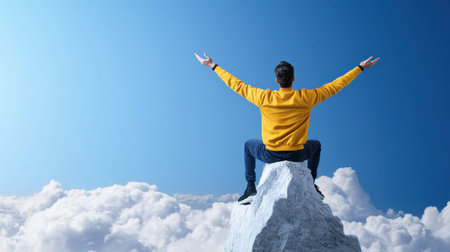 A man in a yellow shirt is sitting on a mountain top, looking up at the sky. Concept of freedom and joy, as the man is celebrating or enjoying the momentの素材