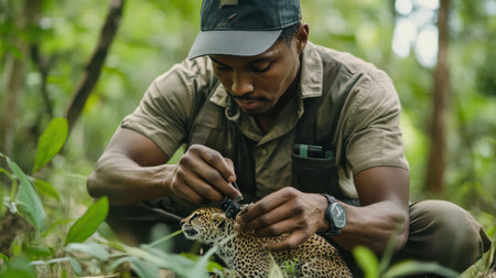 A man is sitting on the ground and holding a baby leopard. The man is wearing a hat and a green shirtの素材