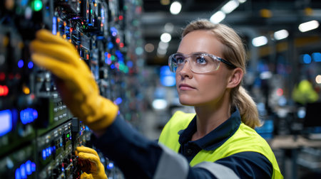 A woman wearing a yellow vest and safety glasses is looking at a computer monitor. She is wearing gloves and she is working in a factory or industrial settingの素材