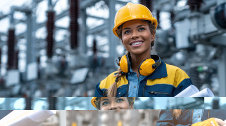 A woman wearing a yellow helmet and a yellow and blue jacket is smiling while holding a stack of papersの素材