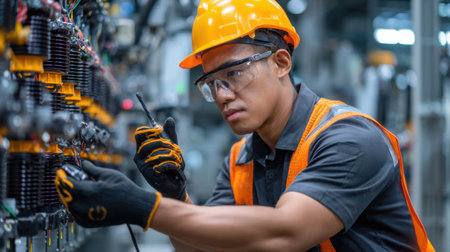 A man in a safety vest and a hard hat is working on a power line. He is wearing gloves and gogglesの素材