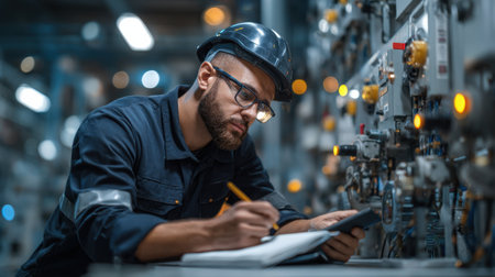A man in a blue shirt and a hard hat is writing in a notebook. He is focused on his work and he is in a serious moodの素材