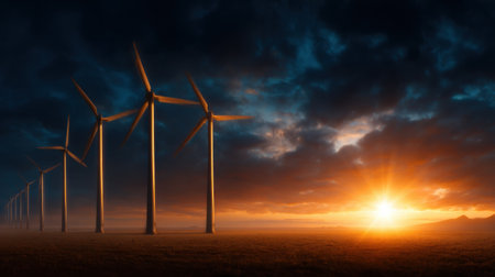 A beautiful sunset over a field of wind turbines. The turbines are tall and spread out across the field, creating a sense of movement and energy. The sky is filled with dark cloudsの素材