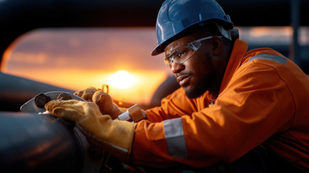 A man in a blue helmet and orange jacket is working on a pipe. The sun is setting in the background, creating a warm and peaceful atmosphereの素材