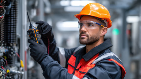 A man in a safety vest and hard hat is holding a radio. He is wearing a pair of glovesの素材
