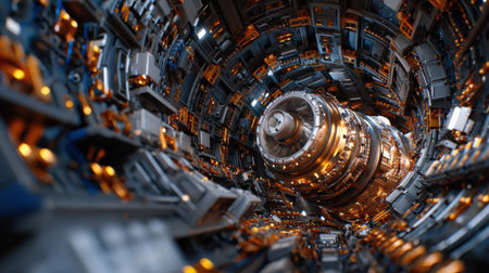 A futuristic space station with a large, glowing sphere in the center. The sphere is surrounded by a network of wires and machinery, giving the impression of a complex and advanced technologyの素材