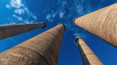 Three tall brown pillars are seen in the sky, with a clear blue sky in the background. The pillars are tall and slender, and they seem to be reaching for the sky. Concept of grandeur and majestyの素材