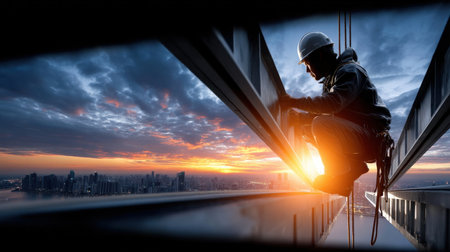 A man is working on a building with a sunset in the background. Scene is serene and peaceful, as the man is focused on his work while the sun sets in the distanceの素材
