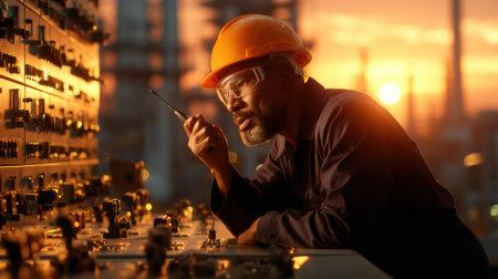 A man wearing a hard hat and safety glasses is looking at a control panel. He is holding a walkie talkieの素材