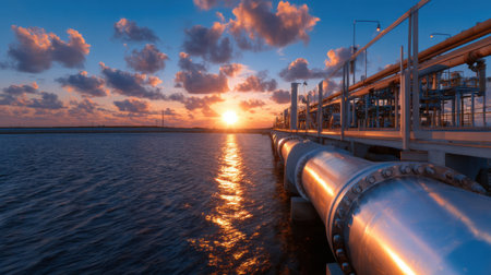 A large pipe is seen in the water with the sun setting in the background. The scene is serene and peaceful, with the sun reflecting off the water and the pipeの素材