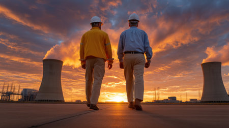 Two men are walking on a bridge, with a beautiful sunset in the background. The sky is filled with clouds, creating a peaceful and serene atmosphere. The men are wearing hard hatsの素材