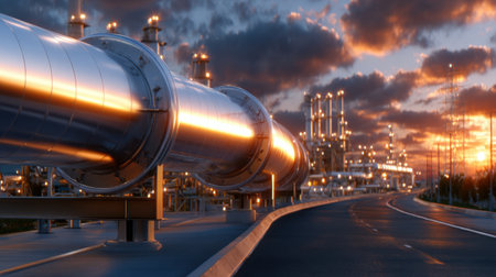 A long pipe is seen on a road near a large industrial area. The sky is cloudy and the sun is setting, creating a moody atmosphereの素材