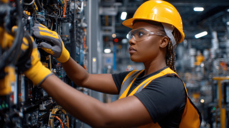 A woman in a yellow helmet and safety vest is working on a machine. She is wearing gloves and gogglesの素材