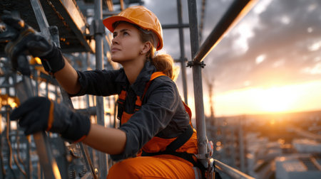 A woman in a hard hat and orange jumpsuit is working on a construction site. She is wearing a harness and is looking up at something. The sky is orange and the sun is settingの素材