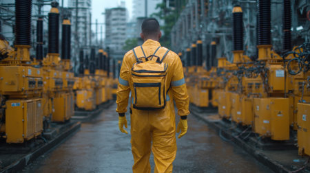 A man in a yellow jumpsuit and a yellow backpack walks through a yellow industrial areaの素材