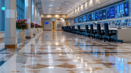 A large room with many computer monitors and a lot of chairs. The room is very clean and organizedの素材