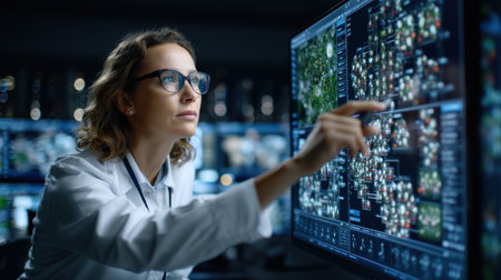 A woman wearing glasses is pointing at a computer monitor displaying a map of a city. She is focused on the screen and she is giving directions or making a decisionの素材