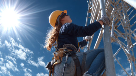 A woman in a yellow helmet is climbing a tall structure. Concept of danger and risk, as the woman is working at a height and must be careful not to fall. The bright sunlight adds to the tensionの素材