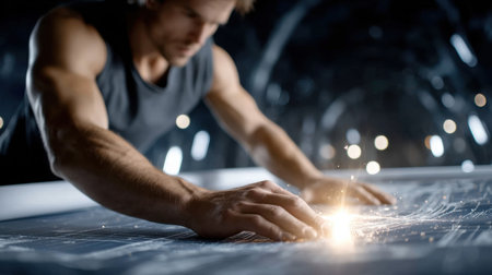 A man is reaching for something on a table. The image has a futuristic feel to it, with the man's hand hovering over a glowing object. The scene is set in a dark room, with only a few lights visibleの素材