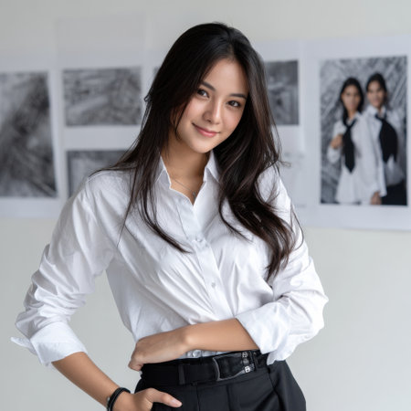 A woman in a white shirt and black pants poses for a picture. She has a smile on her face and she is confident and happy. Concept of positivity and self-assuranceの素材