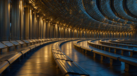 A large, empty room with a lot of benches and a lot of light. The room is very empty and the benches are all facing the same directionの素材