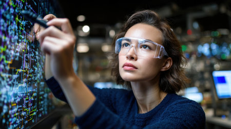 A woman wearing glasses is looking at a computer screen and writing on it with a pen. Concept of focus and concentration as the woman works on her taskの素材