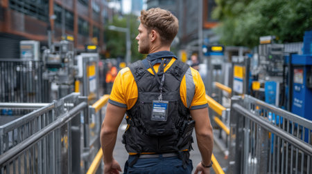 A man in a yellow shirt and a black backpack is walking down a sidewalk. He is wearing a badge that says "police."の素材