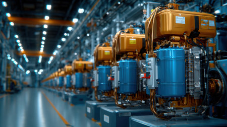 A row of blue and gold machines are lined up in a factory. The machines are all different sizes and shapes, but they all have a similar design. Scene is industrial and mechanicalの素材