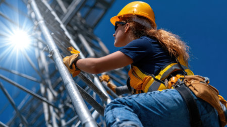 A woman in a yellow safety vest climbs a ladder. The sun is shining brightly, and the woman is wearing a hard hatの素材