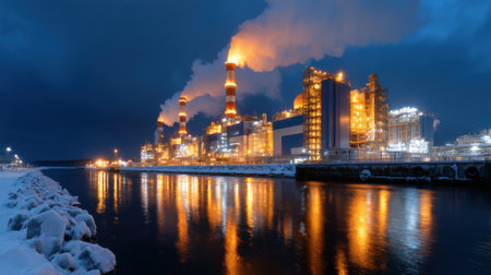 A large industrial plant with a lot of smoke coming out of it. The smoke is orange and yellow. The plant is located next to a body of waterの素材