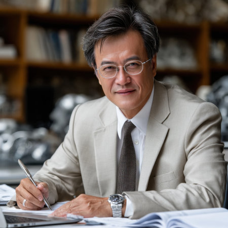 A man in a suit and tie is sitting at a desk with a pen in his hand. He is writing something, possibly a letter or a report. Concept of professionalism and focusの素材
