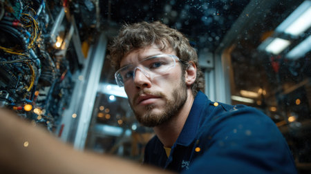 A man in a blue shirt is wearing safety goggles and working on a machine. Concept of caution and focus as the man carefully examines the equipmentの素材