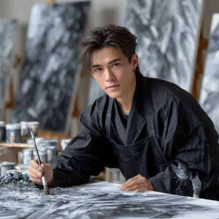 A man in a black apron is painting a picture. He is wearing a black shirt and a black apronの素材