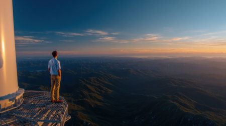 A man stands on a ledge looking out over a beautiful landscape. The sky is a deep blue with a few clouds scattered throughout. The mountains in the distance are covered in treesの素材