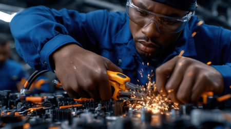 A man in a blue shirt is working on a piece of machinery. He is wearing safety goggles and a hard hatの素材