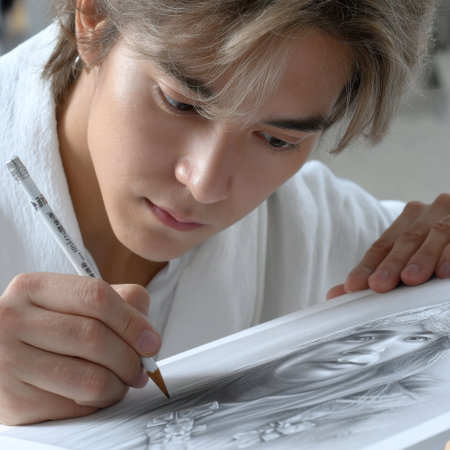 A man is drawing a portrait of a woman. He is using a pencil and a brush. The woman's face is drawn with a lot of detail, and the man is focused on his work. Scene is calm and focusedの素材