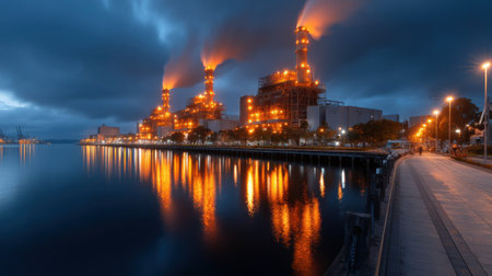 A large industrial plant with a lot of smoke coming out of it. The smoke is orange and yellow. The sky is dark and cloudy. The water is calm and stillの素材