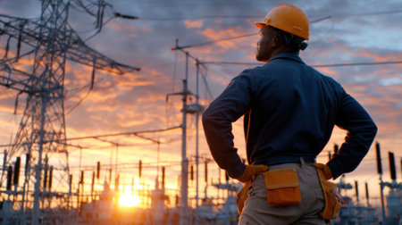 A man in a hard hat stands in front of a power plant. The sky is orange and the sun is settingの素材