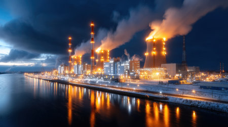 A large industrial plant with a lot of smoke and steam is lit up at night. The scene is dark and moody, with the smoke and steam creating a sense of danger and uneaseの素材