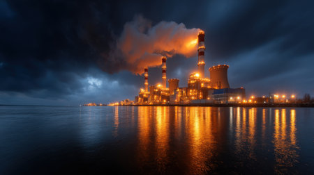 A large industrial plant with a lot of smoke coming out of it. The sky is dark and cloudyの素材