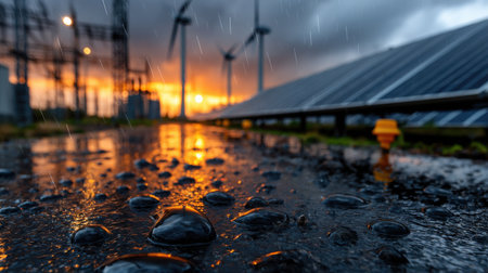 A wet, rainy day with a beautiful sunset in the background. A large solar farm with many wind turbines, which are also covered in rain. The combination of the rainの素材