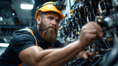 A man with a yellow hard hat is working on a machine. He has a beard and is wearing a black shirt and orange vestの素材